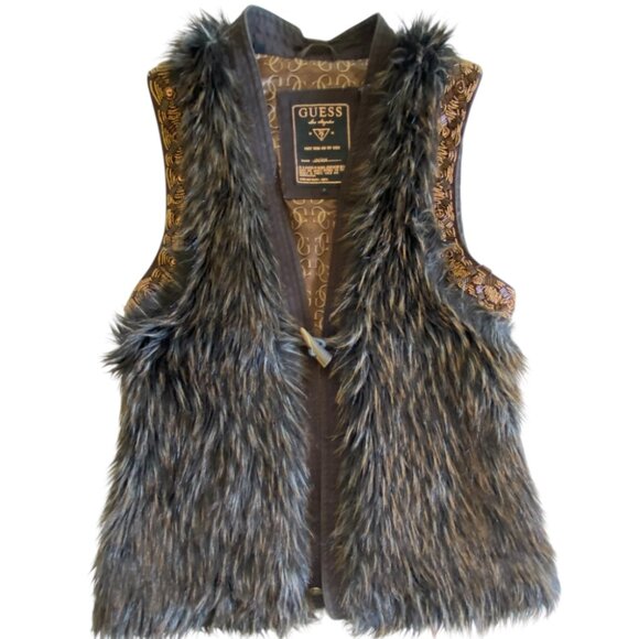Guess Faux Fur Hand Beaded Brown Vest Sz Sm - Picture 6 of 13